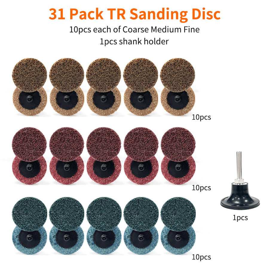 31 Pack 2 inch Nylon Surface Conditioning Quick Change Sanding Discs with R-Type Backing, 10 Pcs Each of Coarse Medium Fine, with 1/4 inch Disc Pad Holder, for Die Grinder Polish Burr Rust Paint Removal