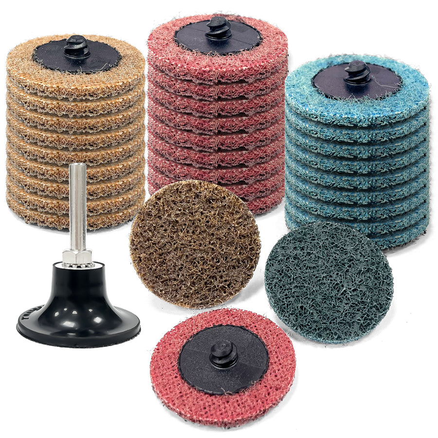 31 Pack 2 inch Nylon Surface Conditioning Quick Change Sanding Discs with R-Type Backing, 10 Pcs Each of Coarse Medium Fine, with 1/4 inch Disc Pad Holder, for Die Grinder Polish Burr Rust Paint Removal