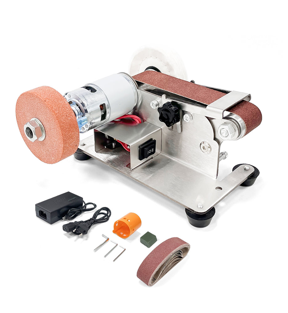 Mini Belt Sander,Buffing & Grinding Wheel,Electric Bench Grinder Sanding Machine 7 Adjustable Speed Grinder Polisher 15 Degree Knife Knife Sharpener for DIY Woodworking,Metal Working,Knife Making, jewelry Making