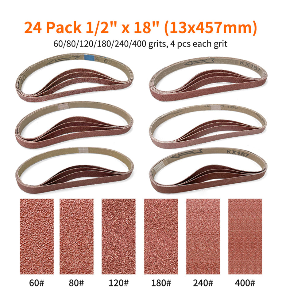 24pcs Sanding Belts 1/2"X18" (13X457mm) Aluminum Oxide Abrasives Belt, Suitable For Wood Sanding And Polishing - 4pcs Each Of 60/80/120/180/240/400 Grits