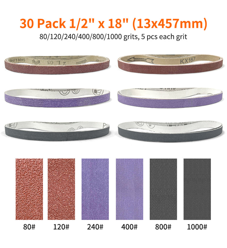 30pcs 1/2" X 18" Sanding Belt Set For Knife Sharpening Grinding Work, Belt Sander 80/120/240/400/800/1000 Grits Available, 5pcs Each Grit Total 30pcs