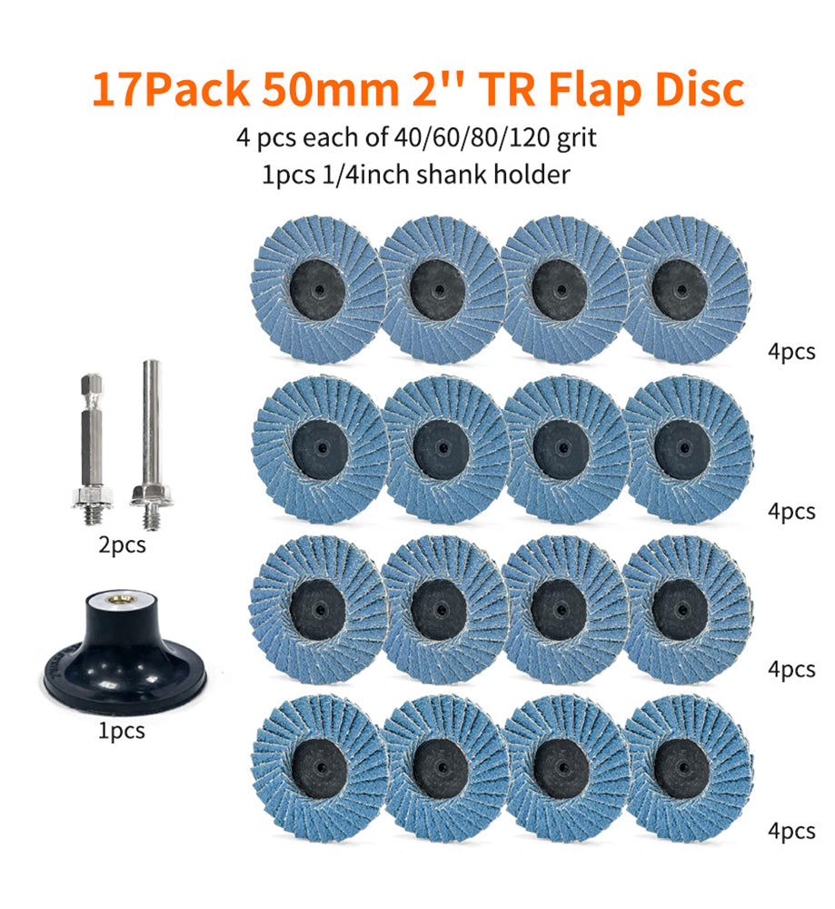 17pcs Abrasives 2" Quick Change Zirconia Flap Disc With Male R-Type Back Design For Cleaning Finishing Deburring Of Irregular Surfaces, 40 60 80 120 4pcs Each Grit, Sanding Disc Holder With 1/4inch Shank Grinding Disc Accessories