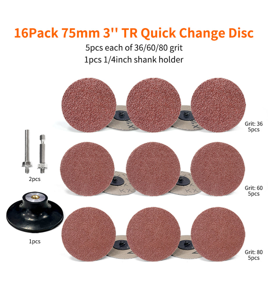 5pcs Each Of 36 60 80 Grits With 1/4" Shank Pad Holder, 2 Inch 50mm Aluminum Oxide Quick Change Discs Set, For Surface Prep Strip Grind Polish Finish Burr Rust Paint Removal