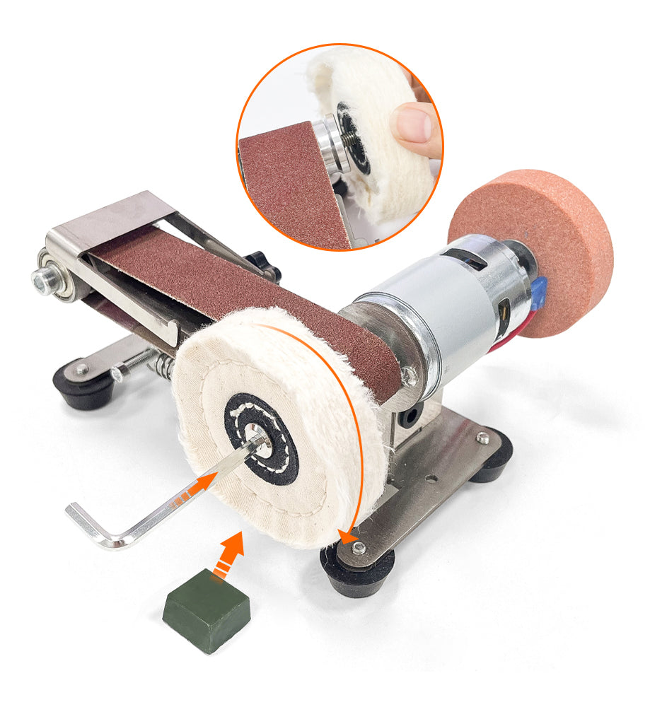 Mini Belt Sander,Buffing & Grinding Wheel,Electric Bench Grinder Sanding Machine 7 Adjustable Speed Grinder Polisher 15 Degree Knife Knife Sharpener for DIY Woodworking,Metal Working,Knife Making, jewelry Making