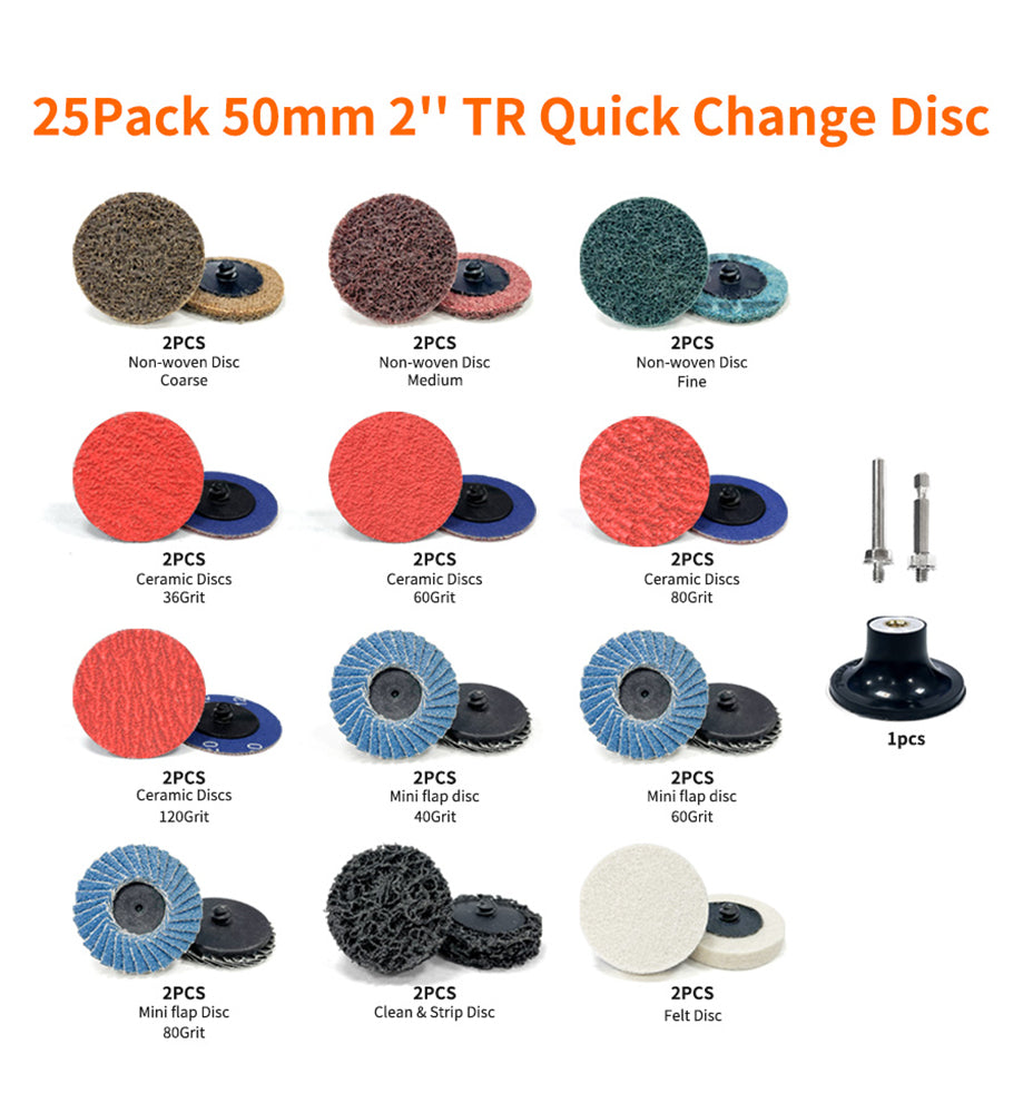 25pcs Sanding Discs Set, 2 Inch Quick Change Roloc Disc With 1/4" Shank Surface Conditioning Disc Holder Die Grinder Accessories For Stainless Steel Metal Grind Polish Finish Burr Rust Paint Removal Multipurpose Compressed Wool Discs