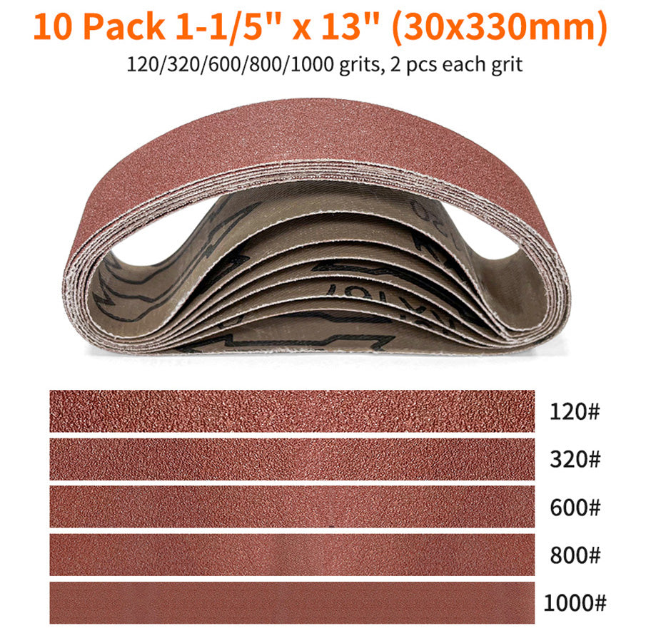 10pcs Sanding Belts 1-1/5"x 13"(30x330mm) Aluminum Oxide Abrasives Belt Best Suitable For Wood Grinding And Polishing 10pcs Per Grit 120/320/600/800/1000 Grits Available